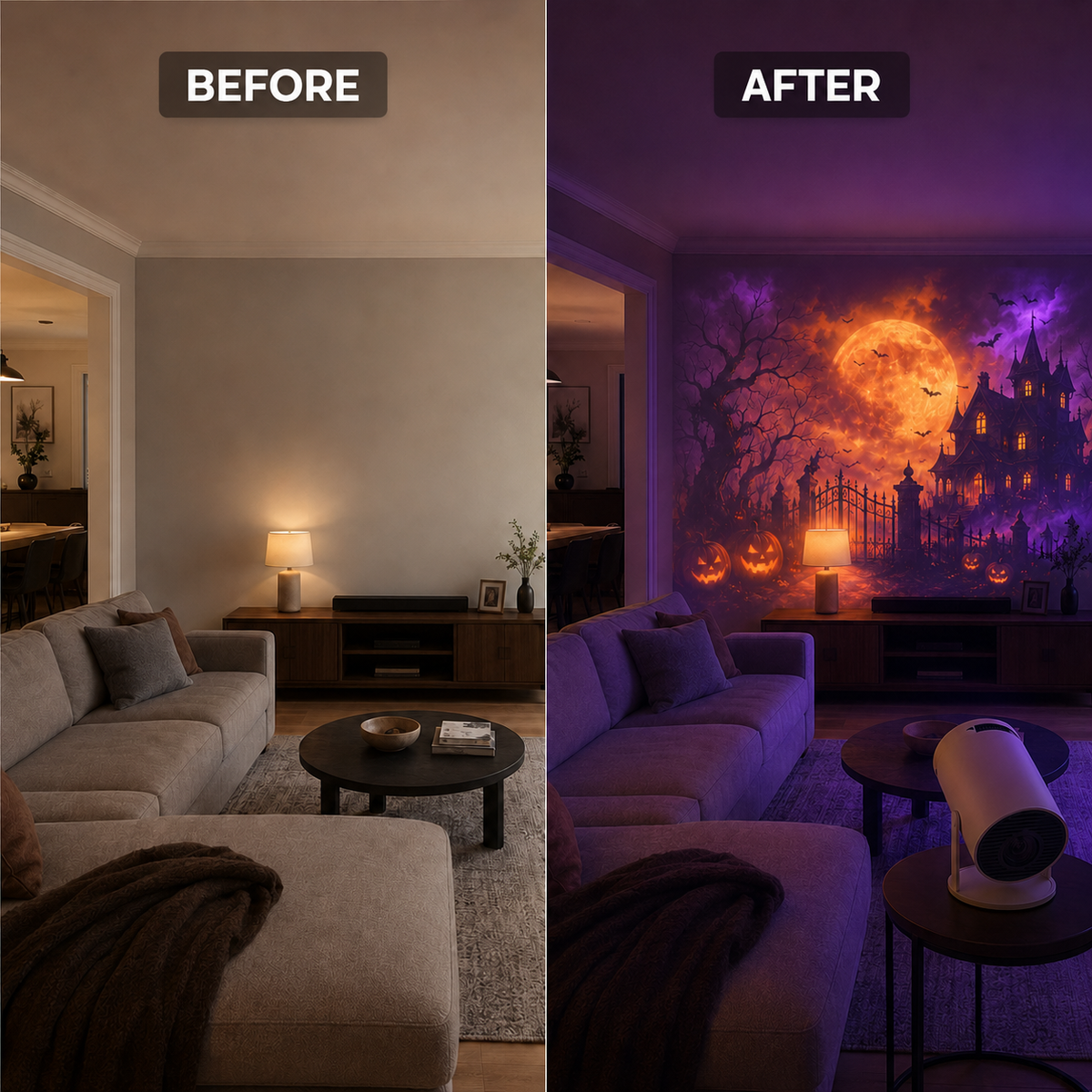 Room before and after using the EmberVue Halloween projector