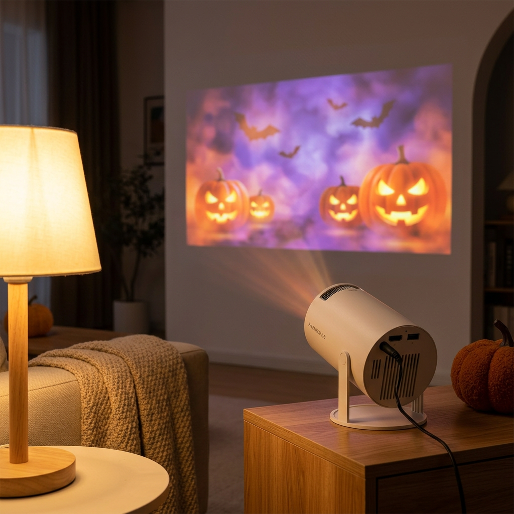 EmberVue Halloween Projector displaying an animated Halloween scene on a living room wall at night