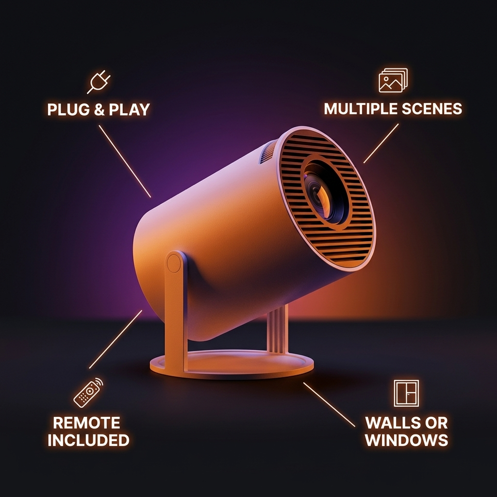 EmberVue Halloween Projector features: plug and play, multiple scenes, remote included, works on walls or windows