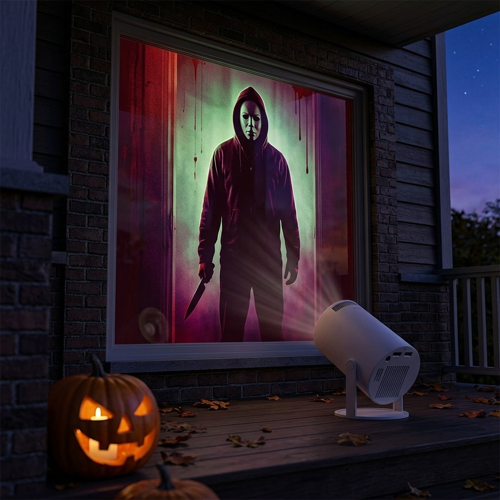 EmberVue Halloween Projector casting a spooky masked figure scene onto a window at dusk
